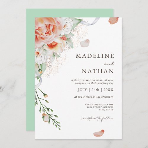 Mint Green Peach  White Floral Wedding Invitation