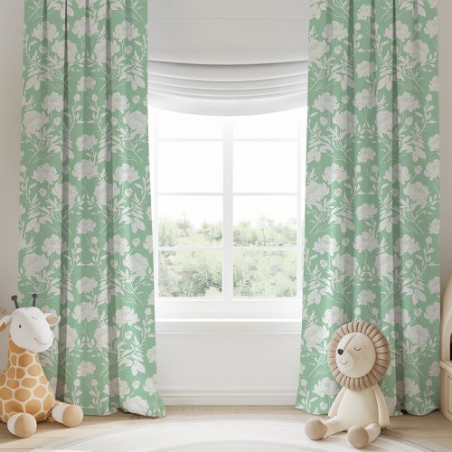 Mint Green Peony Floral Pattern Blackout Curtains