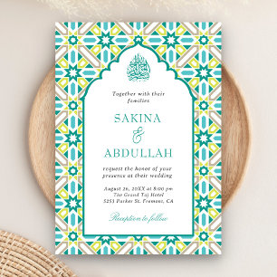 Mint Green Persian Mosaic QR Code Muslim Wedding Invitation