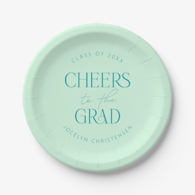 Mint Green Personalized Cheers Grad Party Paper Plates (Front)