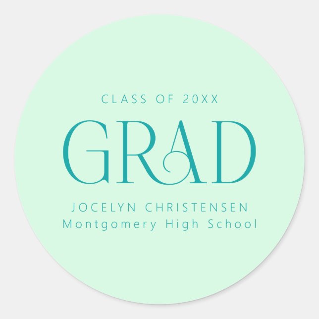 Mint Green Personalized Modern Grad Graduate Classic Round Sticker (Front)