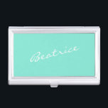 Mint Green Personalized Script Name Design Minimal Business Card Case<br><div class="desc">This sleek business card case features a fresh mint green background with a custom name in elegant white script lettering. Ideal for professionals who want to add a stylish and personal touch to their daily essentials. This case is perfect for carrying and presenting your business cards at meetings, events, or...</div>