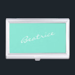 Mint Green Personalized Script Name Design Minimal Business Card Case<br><div class="desc">This sleek business card case features a fresh mint green background with a custom name in elegant white script lettering. Ideal for professionals who want to add a stylish and personal touch to their daily essentials. This case is perfect for carrying and presenting your business cards at meetings, events, or...</div>