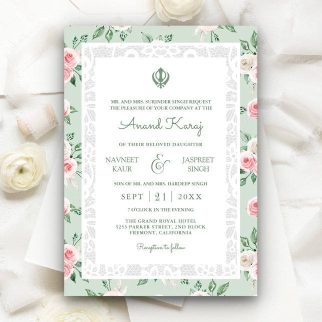 Mint Green Pink Anand Karaj Punjabi Sikh Wedding Invitation (Creator Uploaded)