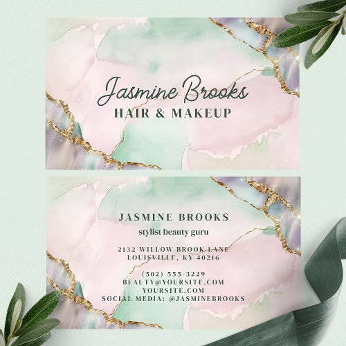 Custom Business Cards 13 Mint Green Pink And Gold Watercolor Business Card