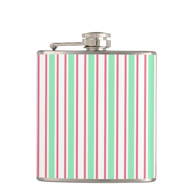 Mint green, pink and white candy stripes flask (Front)