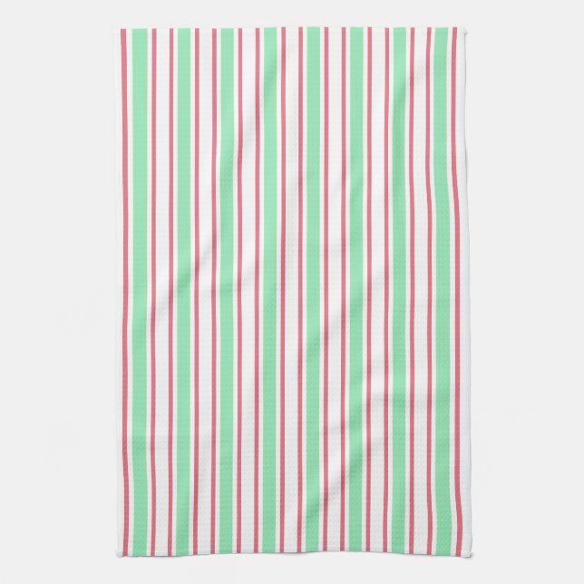 Mint green, pink and white candy stripes kitchen towel (Vertical)