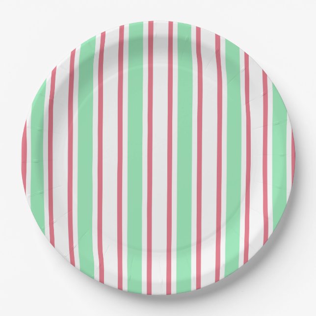 Mint green, pink and white candy stripes paper plates (Front)