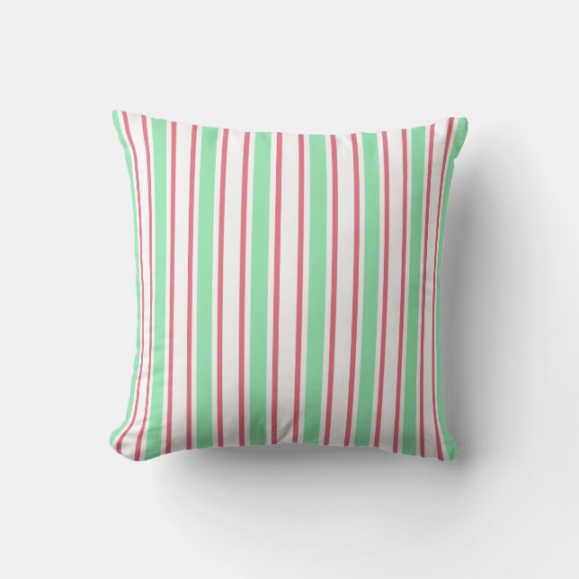 Mint green, pink and white candy stripes throw pillow (Front)