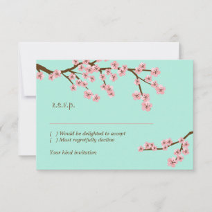 Mint Green & Pink Cherry Blossom Modern RSVP
