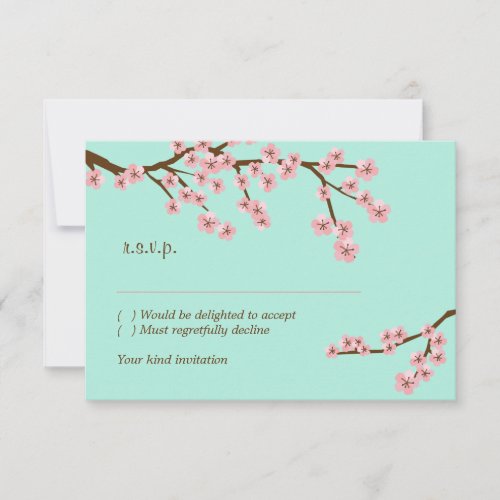 Mint Green  Pink Cherry Blossom Modern RSVP