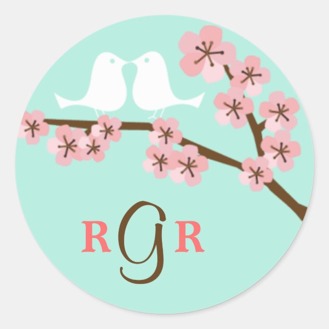 Mint Green & Pink Cherry Blossom Modern Wedding Classic Round Sticker (Front)