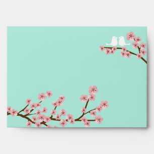 Mint Green & Pink Cherry Blossom Modern Wedding Envelope