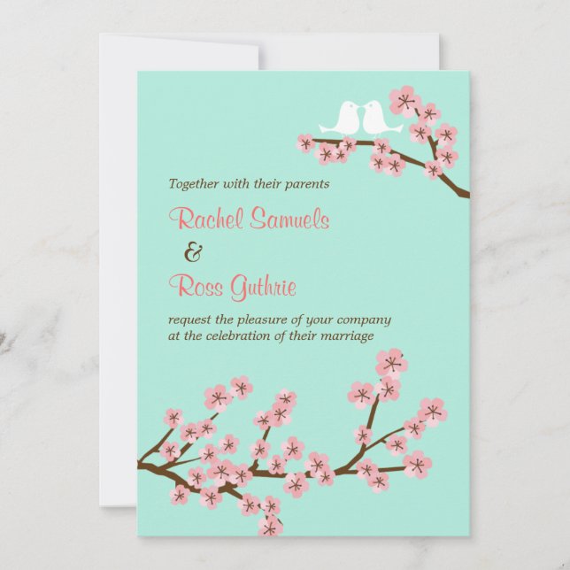 Mint Green & Pink Cherry Blossom Modern Wedding Invitation (Front)