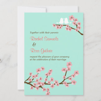 Mint Green & Pink Cherry Blossom Modern Wedding Invitation