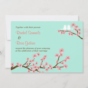 Mint Green & Pink Cherry Blossom Modern Wedding Invitation