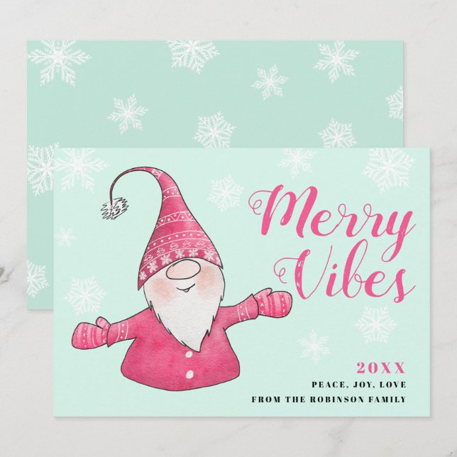 Mint Green Pink Cute Gnome Merry Vibes Christmas Holiday Card (Front/Back)