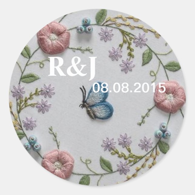 mint green pink Embroidery Floral blue Butterfly Classic Round Sticker (Front)