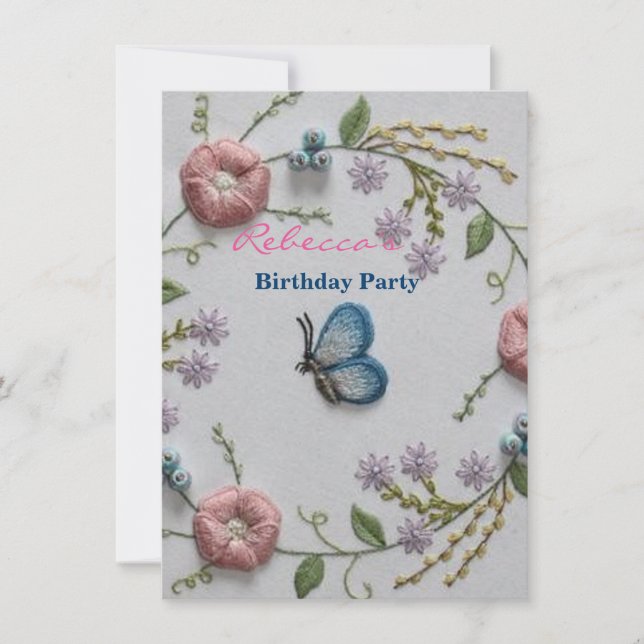 mint green pink Embroidery Floral blue Butterfly Invitation (Front)