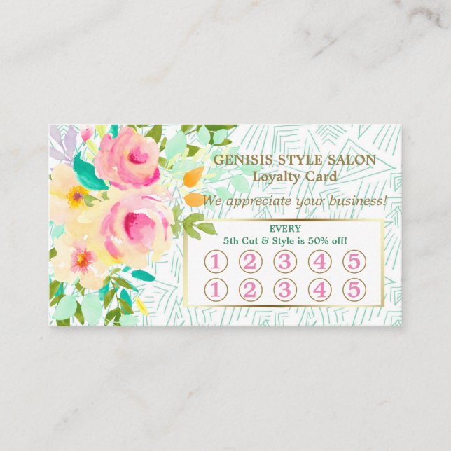 Mint Green Pink Floral Beauty Salon Loyalty Card (Front)