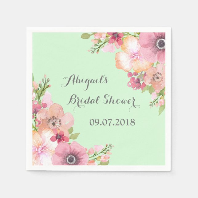 Mint Green Pink Floral Bridal Shower Napkins (Front)