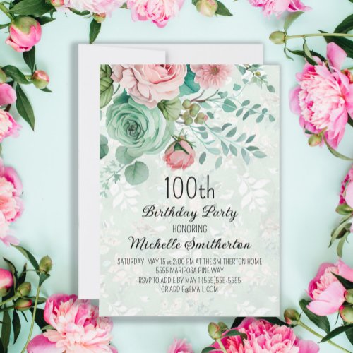 Mint Green Pink Floral Butterflies Birthday Invitation