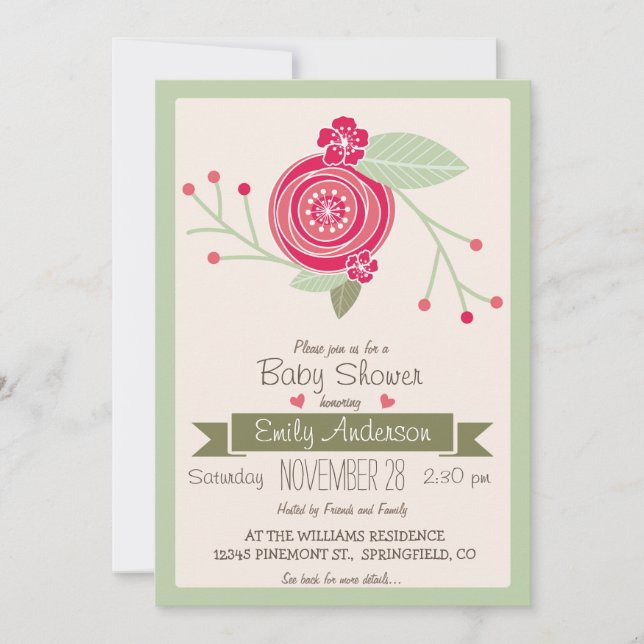 Mint Green & Pink Floral, f Baby Shower Invitation (Front)