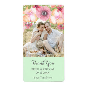 Mint Green Pink Floral Photo Wedding Label