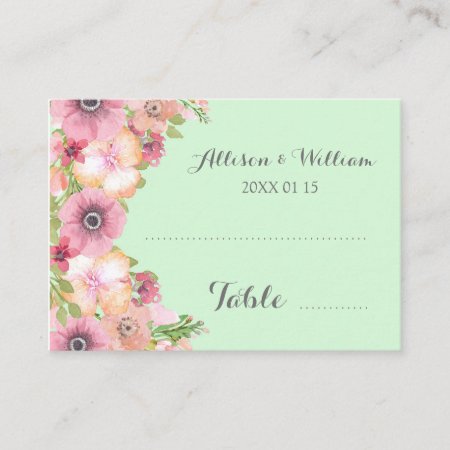 Mint Green Pink Floral Place Setting Cards