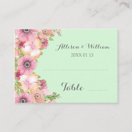 Mint Green Pink Floral Place Setting Cards