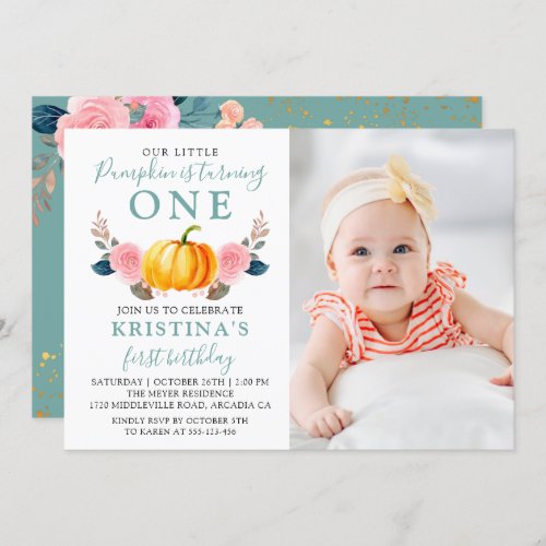 Mint Green Pink Floral Pumpkin 1st Birthday Photo Invitation