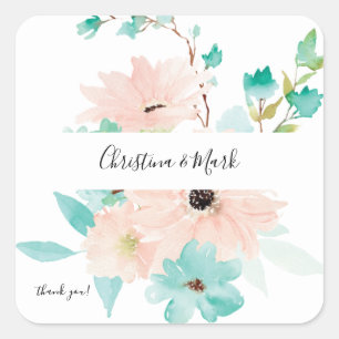 Mint Green & Pink Floral Thank You 2 Square Sticker