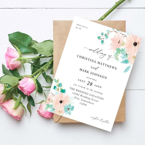 Mint Green  Pink Floral Wedding Invitation