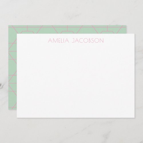 Mint Green Pink Geometric Lines Personalized Name Note Card