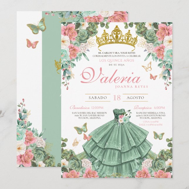 Mint Green Pink Gold Elegant Princess Quinceanera Invitation (Front/Back)