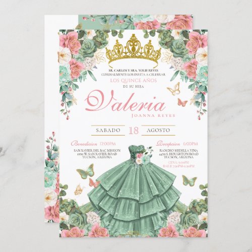 Mint Green Pink Gold Elegant Princess Quinceanera Invitation