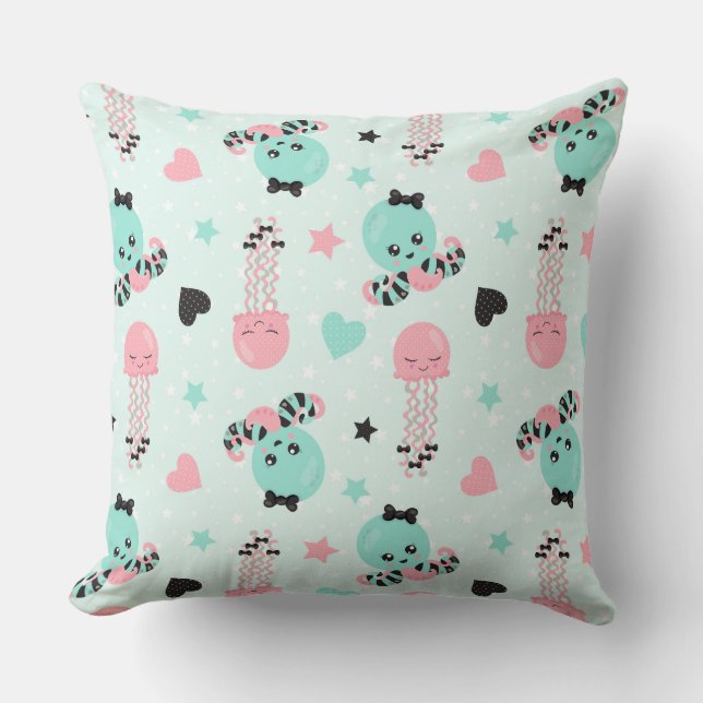 MINT GREEN PINK GRAY & BLACK PLUSH ANIMALS THROW PILLOW (Front)