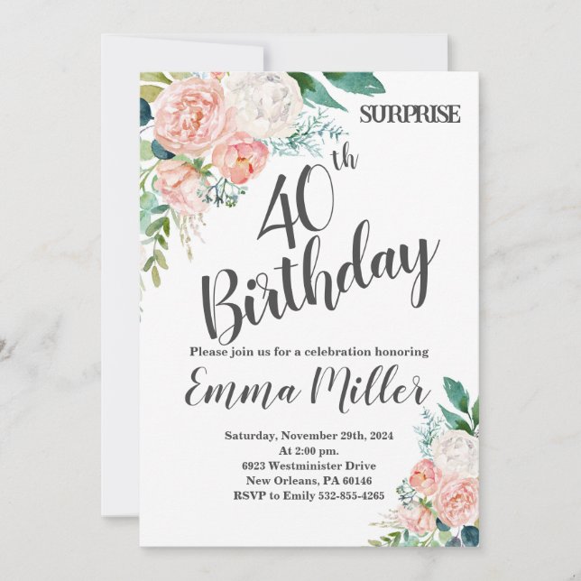 Mint Green & Pink invite, Peonies 40th Birthday Invitation (Front)