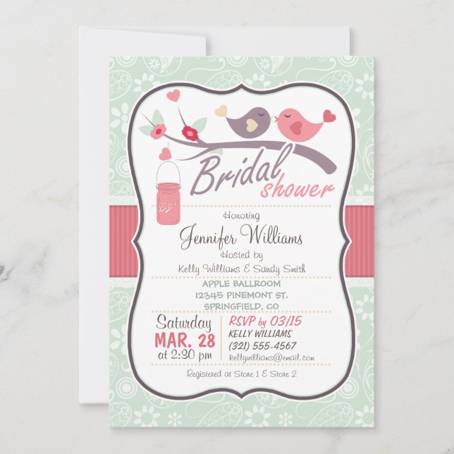 Mint Green & Pink Love Birds Bridal Shower Invitation (Front)