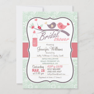 Mint Green & Pink Love Birds Bridal Shower Invitation