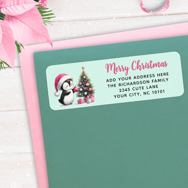Mint Green Pink Merry Christmas Fun Penguin Modern Label (Creator Uploaded)