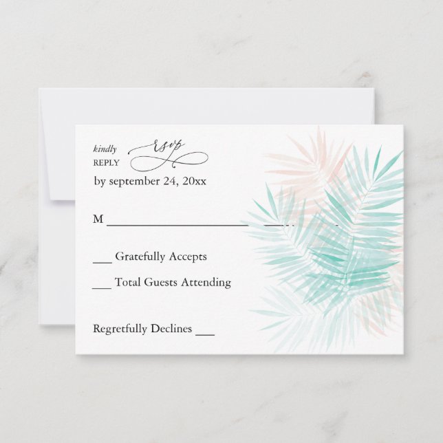 Mint Green & Pink Palm Leaf no Meal RSVP Card (Front)