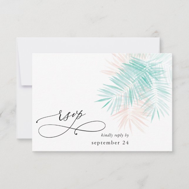 Mint Green & Pink Palm Leaf on White w Meal RSVP Card (Front)