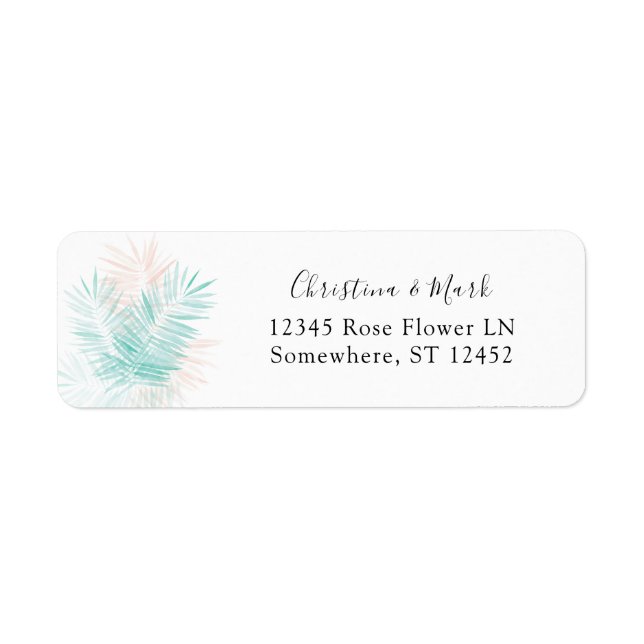 Mint Green & Pink Palm Leaf Return Address Label (Front)
