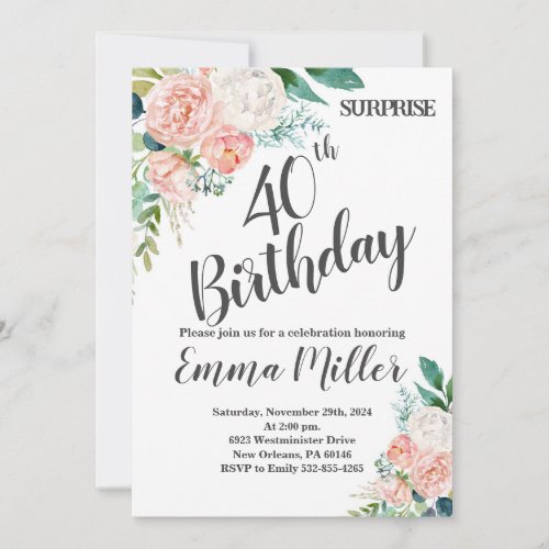 Mint Green  Pink Peonies 40th Birthday Invitation