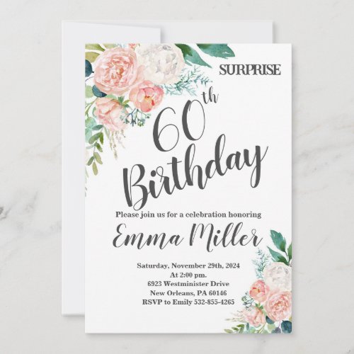 Mint Green  Pink Peonies 60th Birthday Invitation