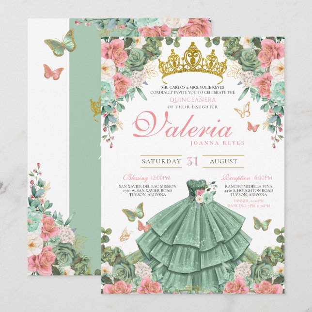 Mint Green Pink Rose Butterfly Princess Quince Invitation (Front/Back)