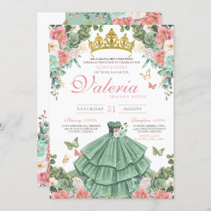 Mint Green Pink Rose Butterfly Princess Quince Invitation