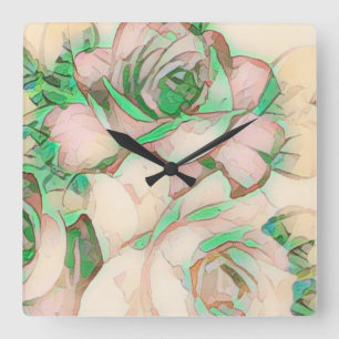 Mint Green Pink Rose Light Airy Pattern Square Wall Clock