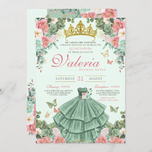Mint Green Pink Roses Butterfly Princess Quince Invitation